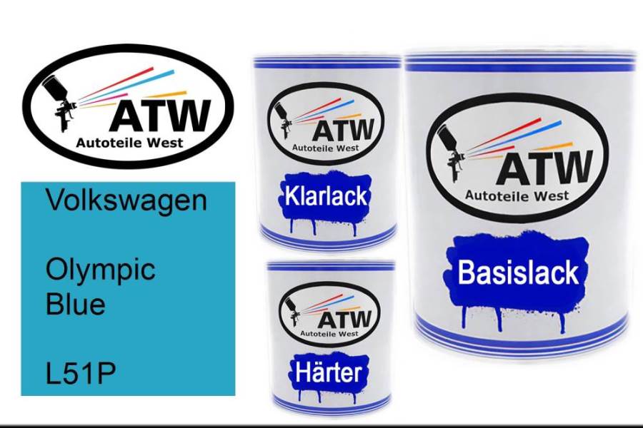 Volkswagen, Olympic Blue, L51P: 1L Lackdose + 1L Klarlack + 500ml Härter - Set, von ATW Autoteile West.